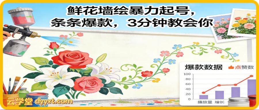 鲜花墙绘暴力起号，条条爆款，3分钟教会你